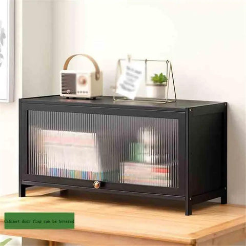 Sturdy Bamboo Desk Shelf Organizer with Hovering Plastic Door Display for Home Office and Kitchen Use, side view on desk.