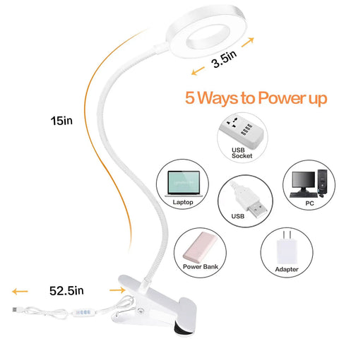 Lit Desk Clamp Lamp With LED Ring Light Featuring 3 Color Temperatures And 10 Brightness Levels Each For A Total Of 30 Modes, showing dimensions and 5 power options