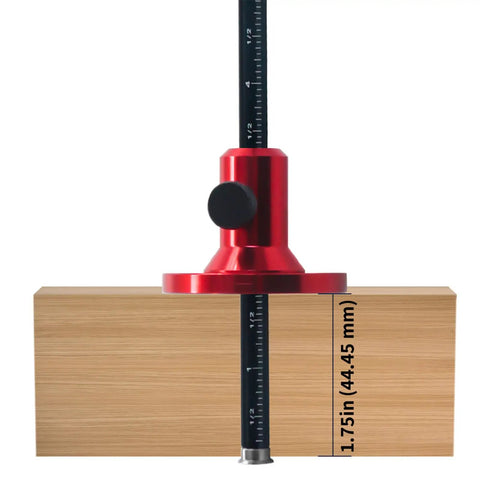 Heavy Duty Rock Solid Adjustable Wheel Marking Gauge For Woodworking Precision Scriber measuring 1.75 inch depth on wood block.