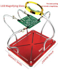 Helping Hands Soldering Stand With Four Gooseneck Arms And PCB Holder, non-slip red base, shown with PCB attached