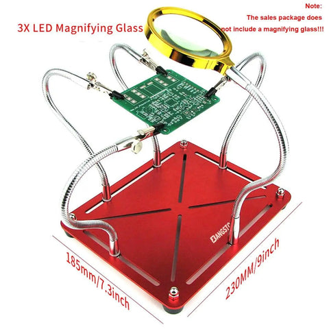 Helping Hands Soldering Stand With Four Gooseneck Arms And PCB Holder, non-slip red base, shown with PCB attached
