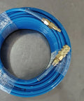 Top Grade Polyurethane Air Hose One Quarter Inch By One Hundred Feet coiled, blue, with brass quick connect fittings.