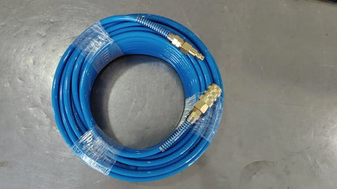 Top Grade Polyurethane Air Hose One Quarter Inch By One Hundred Feet coiled, blue, with brass quick connect fittings.