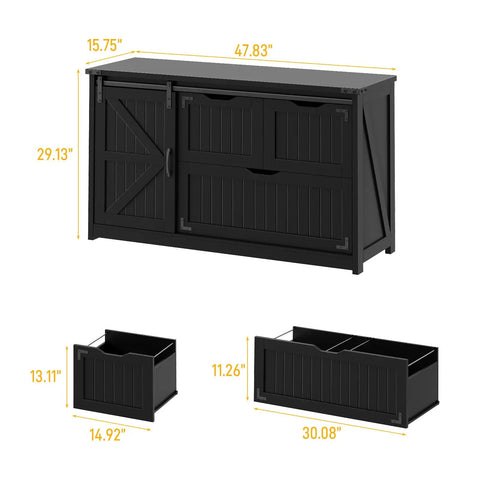 Rustic Farmhouse File Cabinet With Sliding Barn Door For Home Office Storage Heavy Duty Filing Stand dimensions and three drawers.