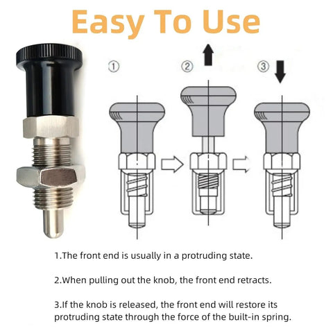 Tough As Nails Stainless Steel Push Fit Ball Nose Spring Plunger Retractable Indexing Pin With Quick Grip Knobs shown in use instructions.