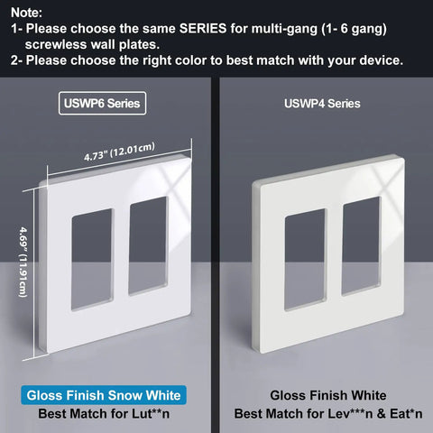 Screwless Decorator Wall Plate 2-Gang Cover, Gloss Snow White, 5 Pack with seamless edge and dimensions labeled