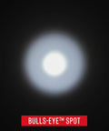 Dual Color LED Flashlight With White And Red Beams 315 Lumen Output Bullseye Spot Beam Optic bulls-eye spot shown in the dark
