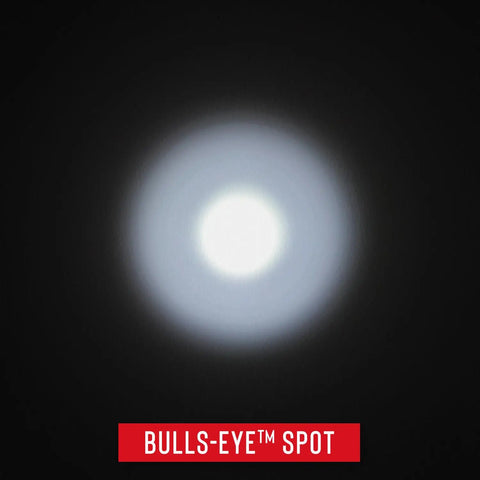 Dual Color LED Flashlight With White And Red Beams 315 Lumen Output Bullseye Spot Beam Optic bulls-eye spot shown in the dark