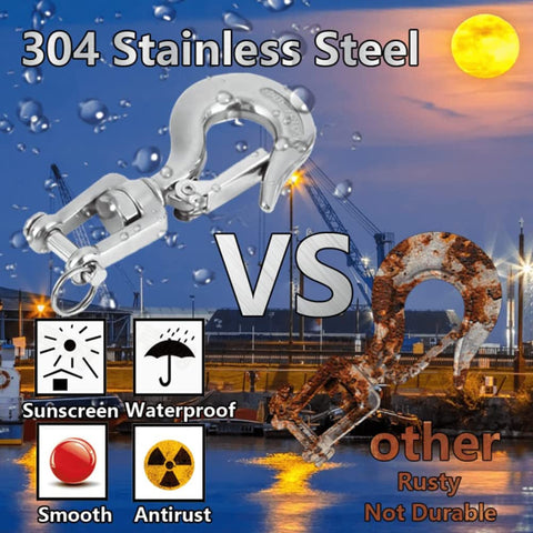Comparison of 304 Stainless Steel Clevis Slip Hook with rusted hook, highlighting durability and waterproof features.