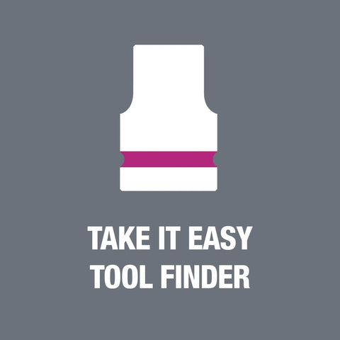 Illustration of deep three eighths inch drive socket 14 mm hex, 64 mm long, pink color-coded, with take it easy tool finder text.