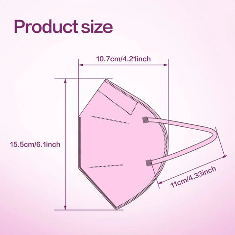 Product dimensions of pink KN95 Face Masks 50 Pack, 5 Layer Disposable Respirator for outdoor use, highlighting size in inches and centimeters.