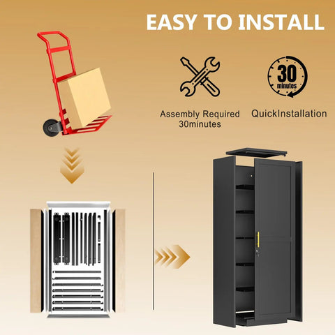 Tall Narrow Slim Steel Storage Cabinet With Lock And Five Adjustable Shelves for easy assembly process illustration.