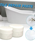 Two Piece Tile Repair Kit With Pro Grade Ceramic Paste Quick Dry Grout Filler For Tub And Floor Tiles Restores Chips Scratches Dents And Cracks Easy Fix For Ceramic Restoration And Surface Repair, shown with tubs and bowl containers in a bathroom setting.