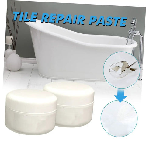 Two Piece Tile Repair Kit With Pro Grade Ceramic Paste Quick Dry Grout Filler For Tub And Floor Tiles Restores Chips Scratches Dents And Cracks Easy Fix For Ceramic Restoration And Surface Repair, shown with tubs and bowl containers in a bathroom setting.