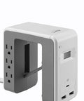 Under Desk Mount Power Station With 6 Outlets And 1080 Joules Of Surge Protection, USB C Plus Two USB A Ports Delivering 4.8A Total, Desk Clamp Power Strip For Home Office Or Cubicle, White Finish shown with outlets and USB ports visible