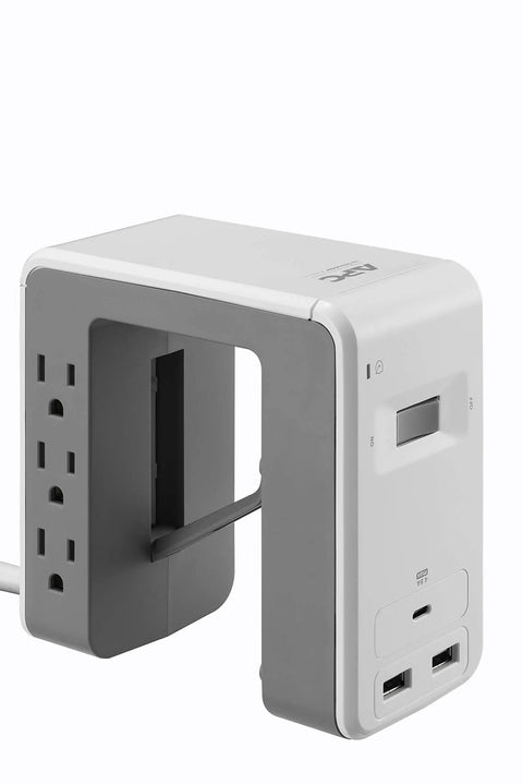 Under Desk Mount Power Station With 6 Outlets And 1080 Joules Of Surge Protection, USB C Plus Two USB A Ports Delivering 4.8A Total, Desk Clamp Power Strip For Home Office Or Cubicle, White Finish shown with outlets and USB ports visible