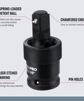 Impact Universal Joint Socket Set, Three Piece Drive Sockets One Half Inch, Three Eighths Inch, One Quarter Inch, Swivel Adapters, 360 Degree Rotation, Heavy Duty CRMO Steel, Premium Kit For Auto Repairs And DIY showing one drive socket with laser-etched markings and chamfered ends.