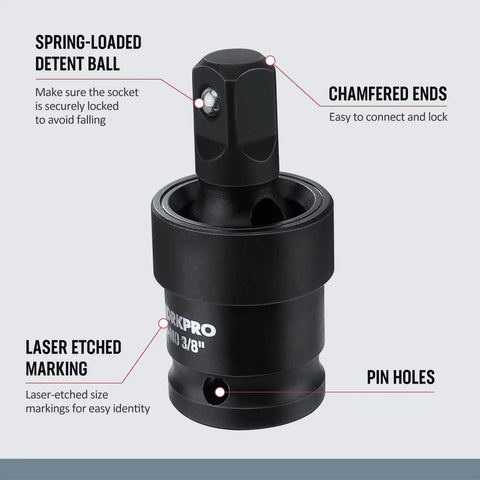 Impact Universal Joint Socket Set, Three Piece Drive Sockets One Half Inch, Three Eighths Inch, One Quarter Inch, Swivel Adapters, 360 Degree Rotation, Heavy Duty CRMO Steel, Premium Kit For Auto Repairs And DIY showing one drive socket with laser-etched markings and chamfered ends.