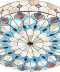 20 Inch Wide Vintage Tiffany Style Ceiling Light Chandelier Flush Mount Handcrafted Shade With Peacock Tail Art Blue Finish