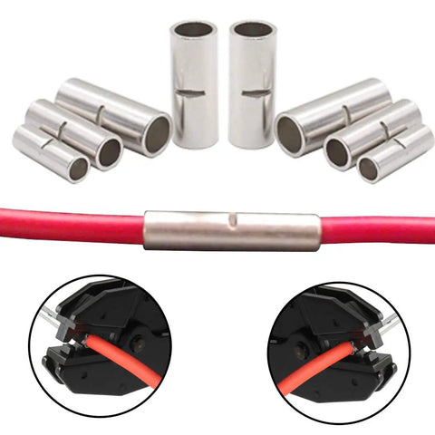 Non Insulated Butt Connectors Kit Tin Plated Red Copper Crimp Terminals For Automotive Marine Truck Wiring Includes 3 Wire Gauge Sizes AWG 4 6 8 Easy Crimp Splice Kit DIY Ready showing connectors and crimping tool.