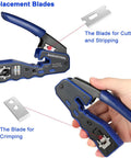 Pro Grade Pass Through RJ45 Crimp Tool Kit With Cutter For Cat5 Cat5e Cat6 Cat6a 8P8C Modular Connectors, close-up of tool and replacement blades