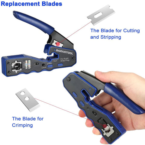 Pro Grade Pass Through RJ45 Crimp Tool Kit With Cutter For Cat5 Cat5e Cat6 Cat6a 8P8C Modular Connectors, close-up of tool and replacement blades