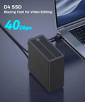 Smooth As Butter 4 Bay Nvme Ssd Enclosure Featuring 40Gbps Type C Connectivity for Effortless 4k Editing and Massive File Moves, connected to a laptop.