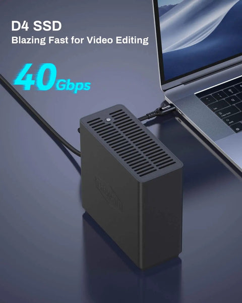 Smooth As Butter 4 Bay Nvme Ssd Enclosure Featuring 40Gbps Type C Connectivity for Effortless 4k Editing and Massive File Moves, connected to a laptop.