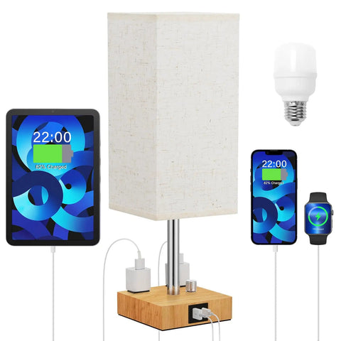 Fully Dimmable Touch Bedside Lamp With Solid Wood Base Included Bulb USB C And USB A Ports Dual AC Outlets Easy Dimmer And Eye Friendly Glow Nightstand Light For Bedroom Or Living Room Cozy Beige Finish
