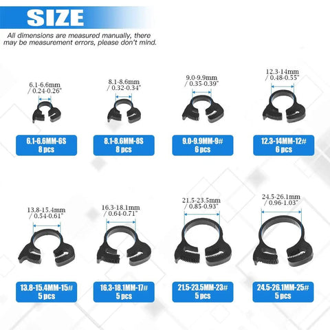 Heavy Duty Nylon Hose Clamp Set With Double Gripping Design 48Pcs Eight Size Plastic Snap Ratcheting Clamps 6.1-26.1 Millimeters Range