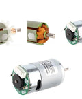 RS-555 Permanent Magnet DC Hall Encoder Gear Motor 6V 12V 24V High Speed Up To 16000 RPM for robotic automations, showcasing internal components.