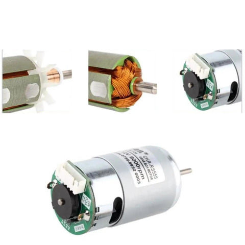 RS-555 Permanent Magnet DC Hall Encoder Gear Motor 6V 12V 24V High Speed Up To 16000 RPM for robotic automations, showcasing internal components.