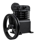 Heavy Duty Two Cylinder Cast Iron Air Compressor Pump Built Tough To Knock Any Job Out Delivering 2 Horsepower And Smooth 5.5 Scfm Flow Fits Up To 40 Gallon Tanks For Shop side view of sturdy cast iron pump with wheel.