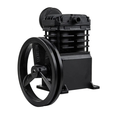 Heavy Duty Two Cylinder Cast Iron Air Compressor Pump Built Tough To Knock Any Job Out Delivering 2 Horsepower And Smooth 5.5 Scfm Flow Fits Up To 40 Gallon Tanks For Shop side view of sturdy cast iron pump with wheel.
