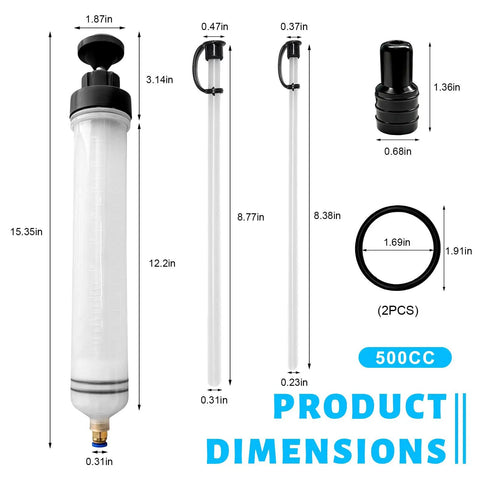 500cc Manual Automotive Fluid Extractor Pump With Two Durable Extension Tubes Universal Oil Transfer Syringe dimensions and parts diagram.