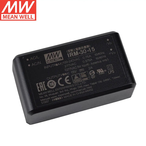 Beefy 30W AC-DC Power Module With 5V Output For PCB Mount Or Screw Terminal 5V 6A IRM-30-5ST black casing close-up view
