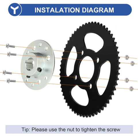Installation diagram of Go Kart 60 Tooth Rear Drive Sprocket Hub With One Inch Bore And One Quarter Inch Keyway Four Hole Mount