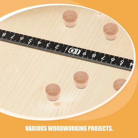 Khaki Wood Plugs Set For Woodworking And Diy Projects Natural Finish Hardwood Hole Caps with measuring tape on wood surface