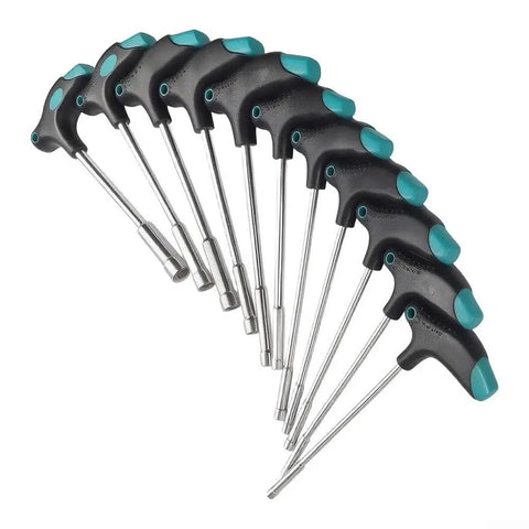 Tough T Handle Hex Socket Wrench Set 11 Piece With Magnetic Head Rubberized Non Slip Grip, showcasing ergonomic handles and chrome steel.