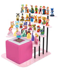 Ultimate Pink Metal Toniebox Stash Holder For 20 To 35 Tonies, displaying colorful audio cubes on a multi-tiered shelf.