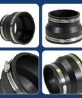 Ultra Versatile Flexible Rubber Coupling With Heavy Gauge Stainless Steel Clamps Joins 4 Inch Cast Iron Or PVC Directly Into Clay Pipe No Sweat Leak Guard And Fully Built For Rough DWV Installations.
