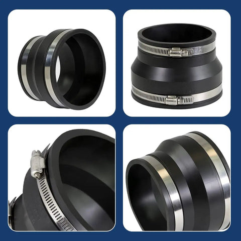 Ultra Versatile Flexible Rubber Coupling With Heavy Gauge Stainless Steel Clamps Joins 4 Inch Cast Iron Or PVC Directly Into Clay Pipe No Sweat Leak Guard And Fully Built For Rough DWV Installations.