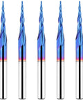 Front view of five blue-tipped tapered ball-nose end mills with 1/8 in shanks for CNC router bits