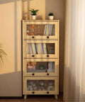 Modern 4 Tier Floor Standing Book Shelf With Flip Lid Glass Door Dope Solid Wood Storage Rack in living room