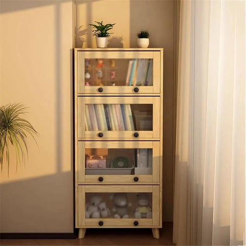 Modern 4 Tier Floor Standing Book Shelf With Flip Lid Glass Door Dope Solid Wood Storage Rack in living room