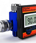 Front view of LE LEMATEC digital air pressure regulator with LED gauge, blue metal body and 1/4 NPT fitting.