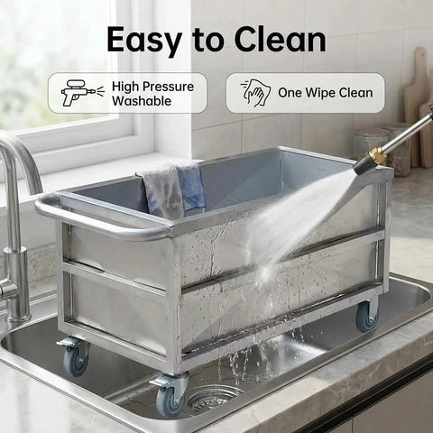 Heavy Duty Commercial Food Prep Cart With Slick Rolling Locking Casters Featuring Deep 304 Stainless Steel Soak Tank being cleaned.
