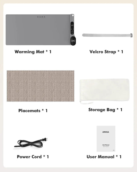 Roll Up Food Warmer Mat With 15W Wireless Charger And Quick Heat, grey warming mat, velcro strap, power cord, placemats, and accessories