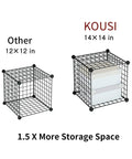 Comparison of 12x12 and 14x14 inch wire cubes with storage box, sturdy 14 by 14 inch wire cube storage organizer with 25 cube modular shelving