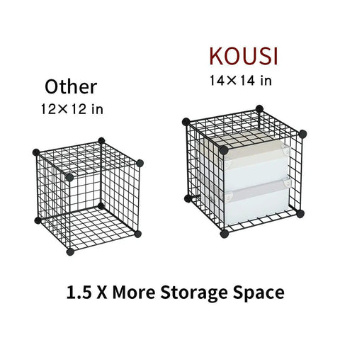 Comparison of 12x12 and 14x14 inch wire cubes with storage box, sturdy 14 by 14 inch wire cube storage organizer with 25 cube modular shelving